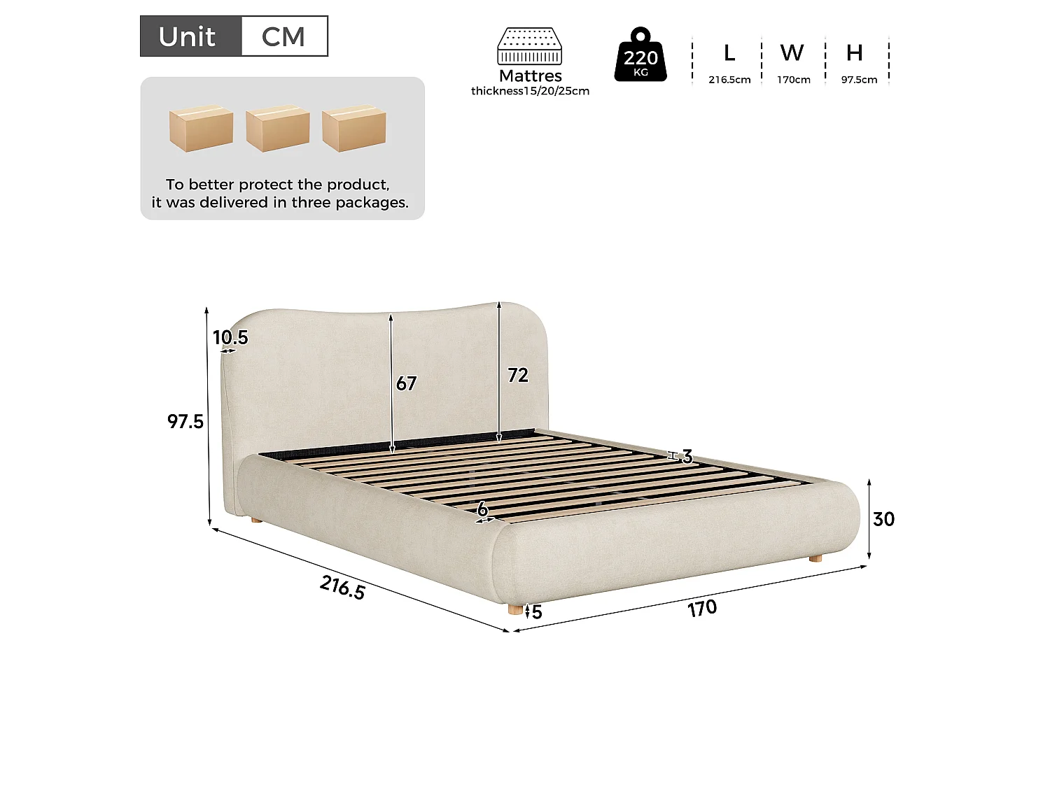 Lit coffre 160x200 cm avec sommier, tête de lit rembourrée, grand rangement, ouverture hydraulique, pieds en bois massif, beige chenille - Sweiko
