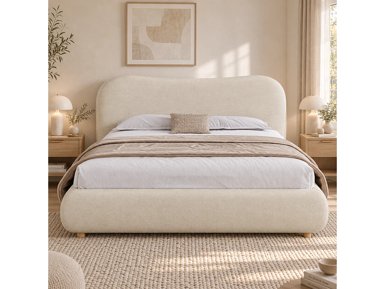 Lit coffre 160x200 cm avec sommier, tête de lit rembourrée, grand rangement, ouverture hydraulique, pieds en bois massif, beige chenille - Sweiko