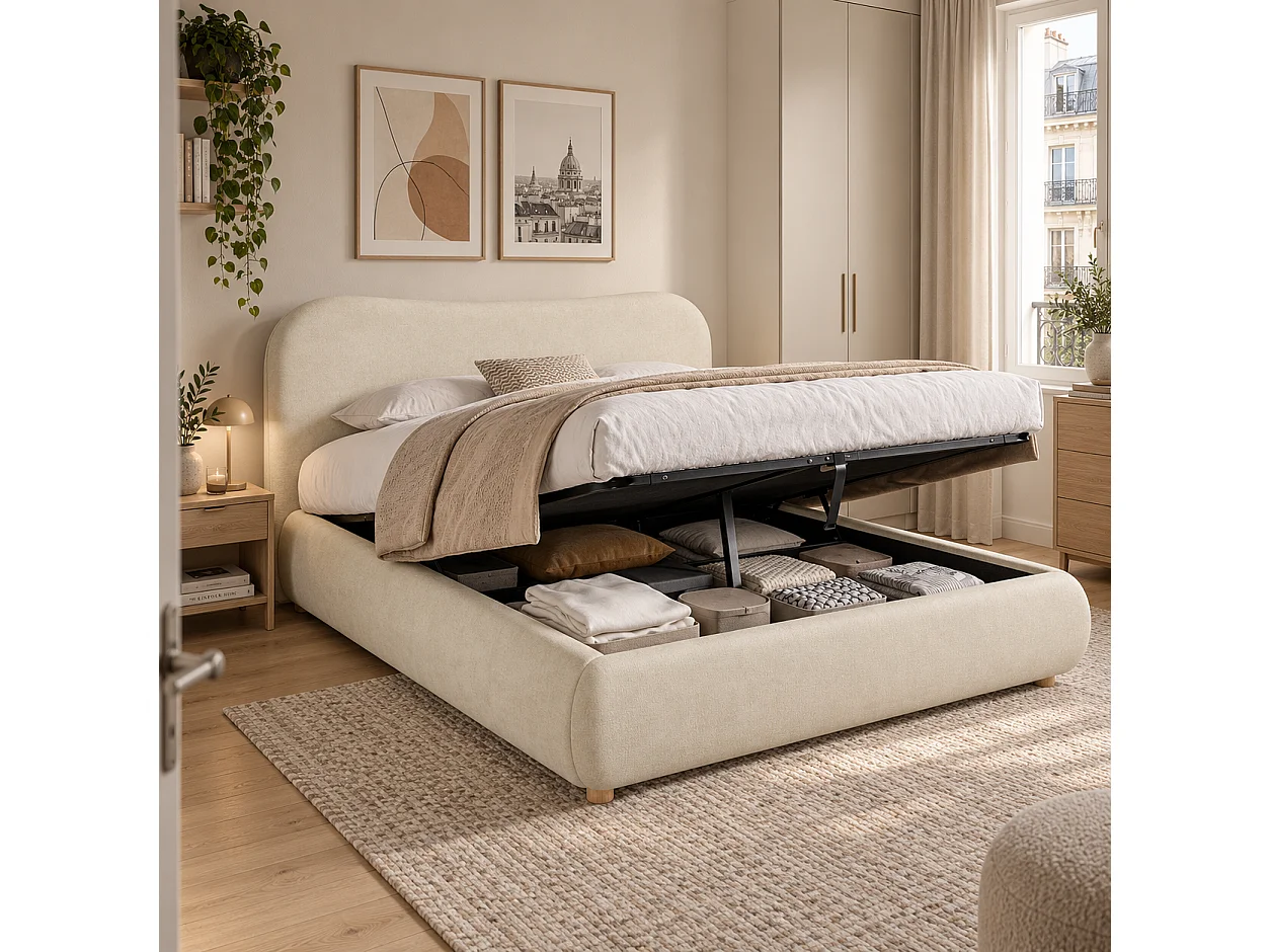Lit coffre 160x200 cm avec sommier, tête de lit rembourrée, grand rangement, ouverture hydraulique, pieds en bois massif, beige chenille - Sweiko