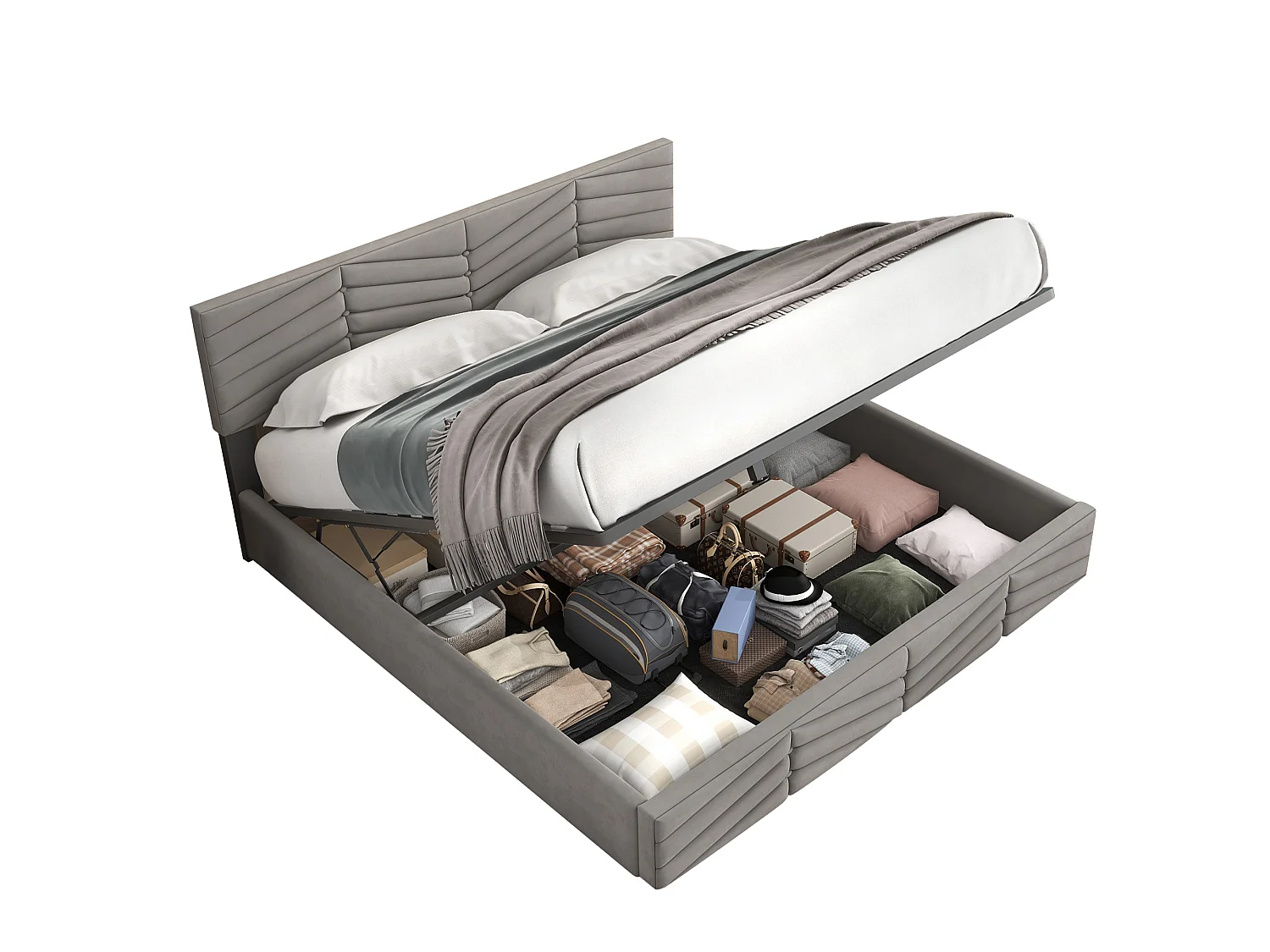 Lit coffre 140 x 190 cm polsterbett double hydraulique en velours rayé continental tête de lit réglable gris - Sweiko