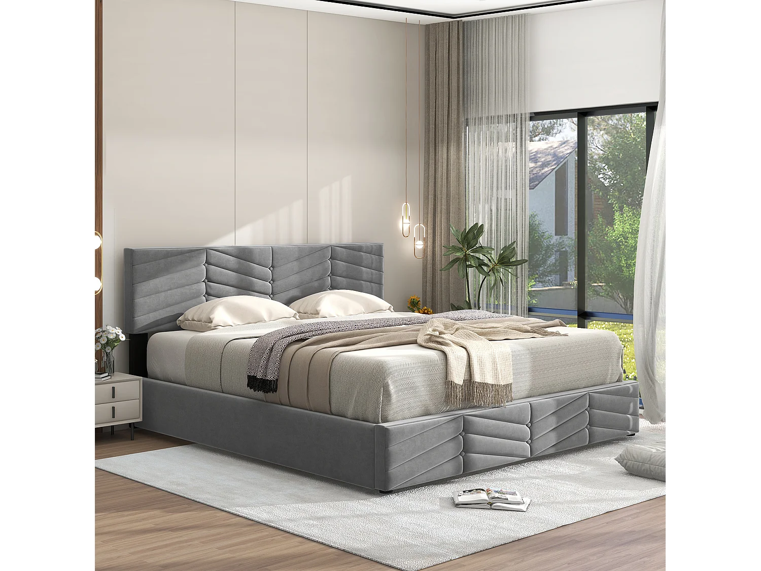 Lit coffre 140 x 190 cm polsterbett double hydraulique en velours rayé continental tête de lit réglable gris - Sweiko