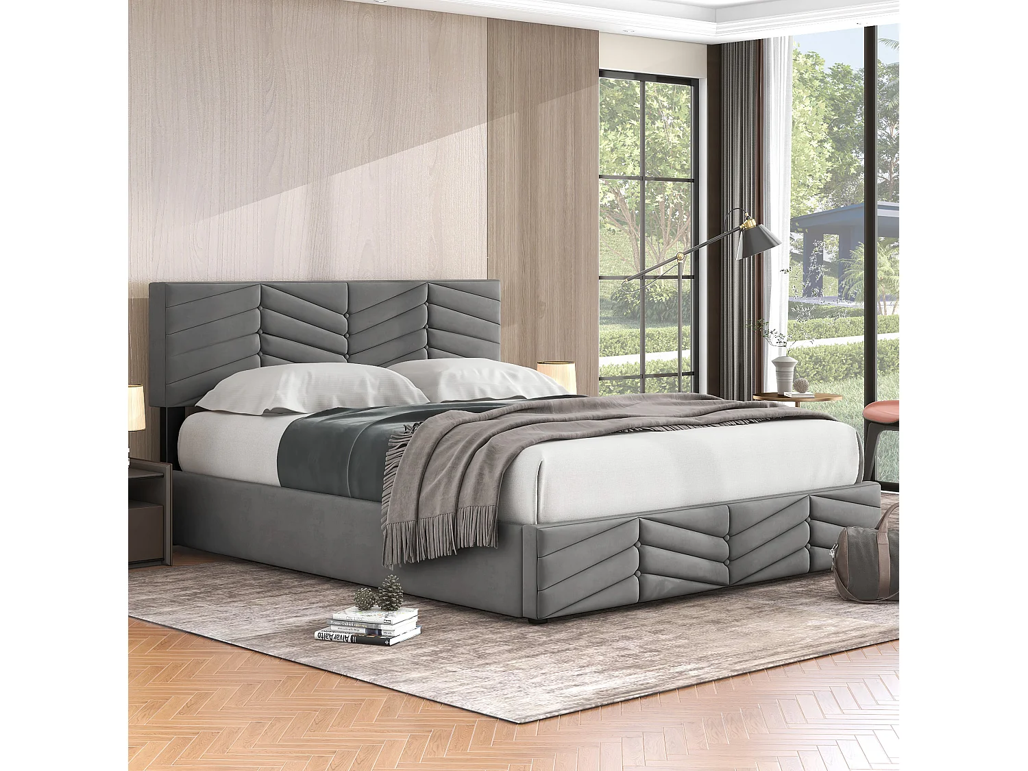 Lit coffre 140 x 190 cm polsterbett double hydraulique en velours rayé continental tête de lit réglable gris - Sweiko