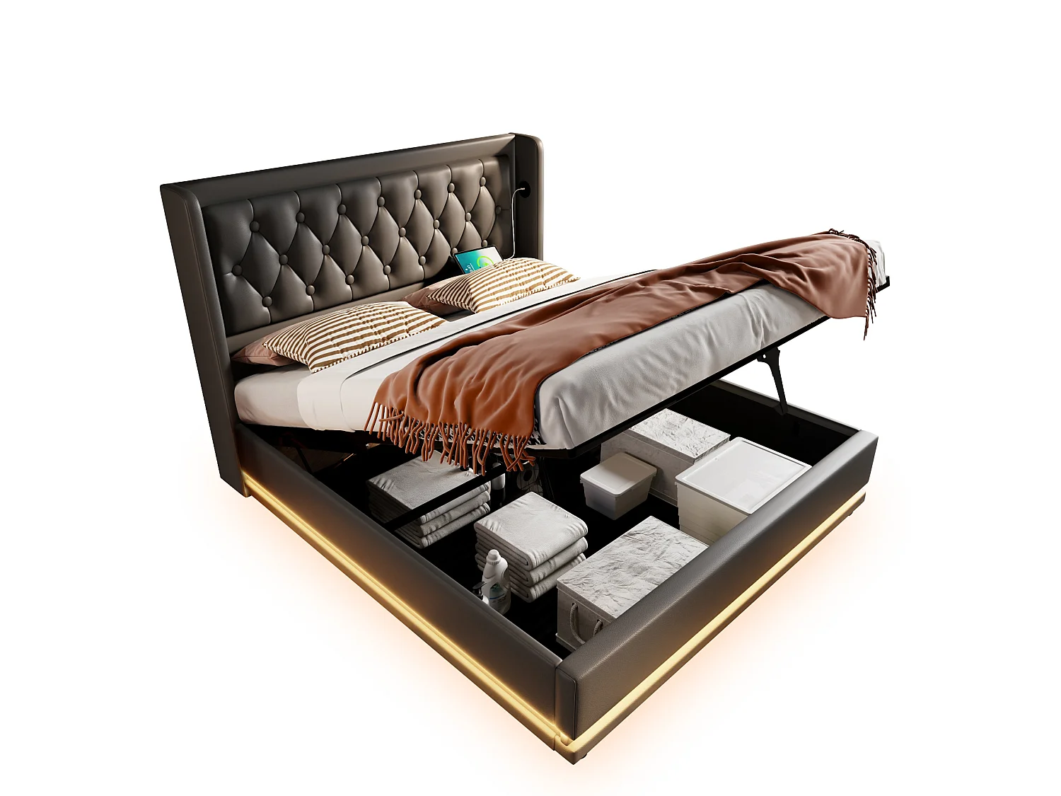 Lit coffre 180x200 cm noir pu sans matelas led usb-c hydraulique - Sweiko