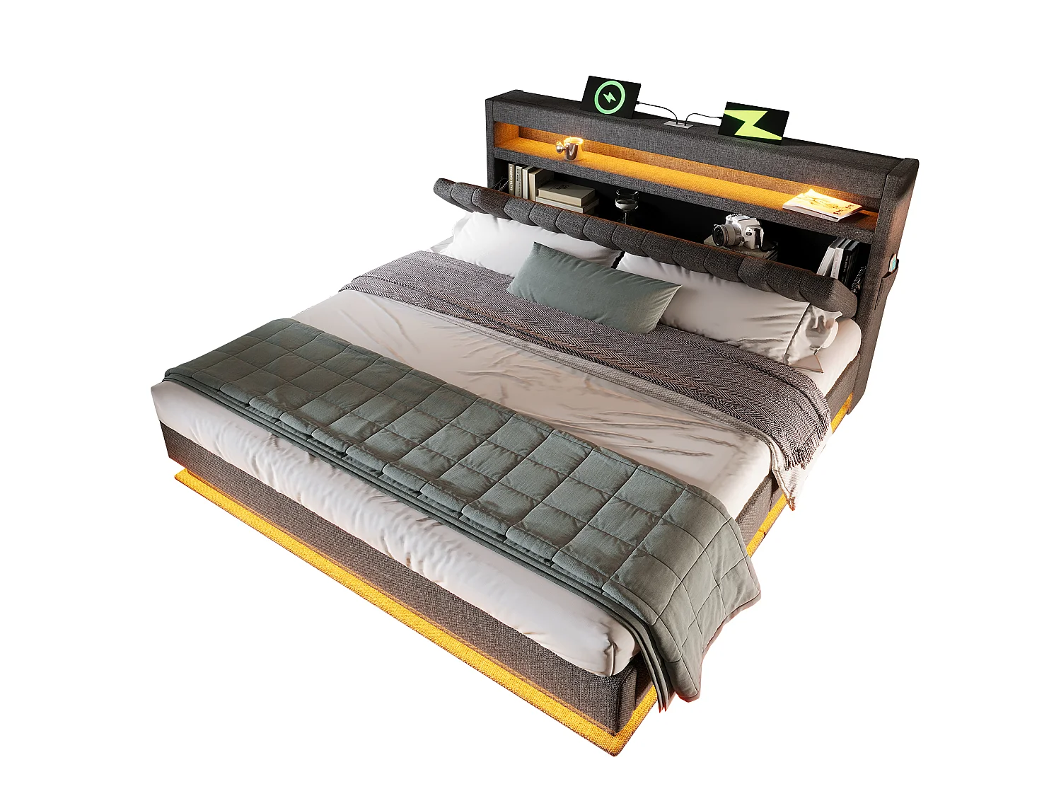 Lit coffre rembourré double 140x190 cm tête de lit rangement usb type-c led à la tête et au pied lit coffre hydraulique gris lin sans matelas - Sweiko