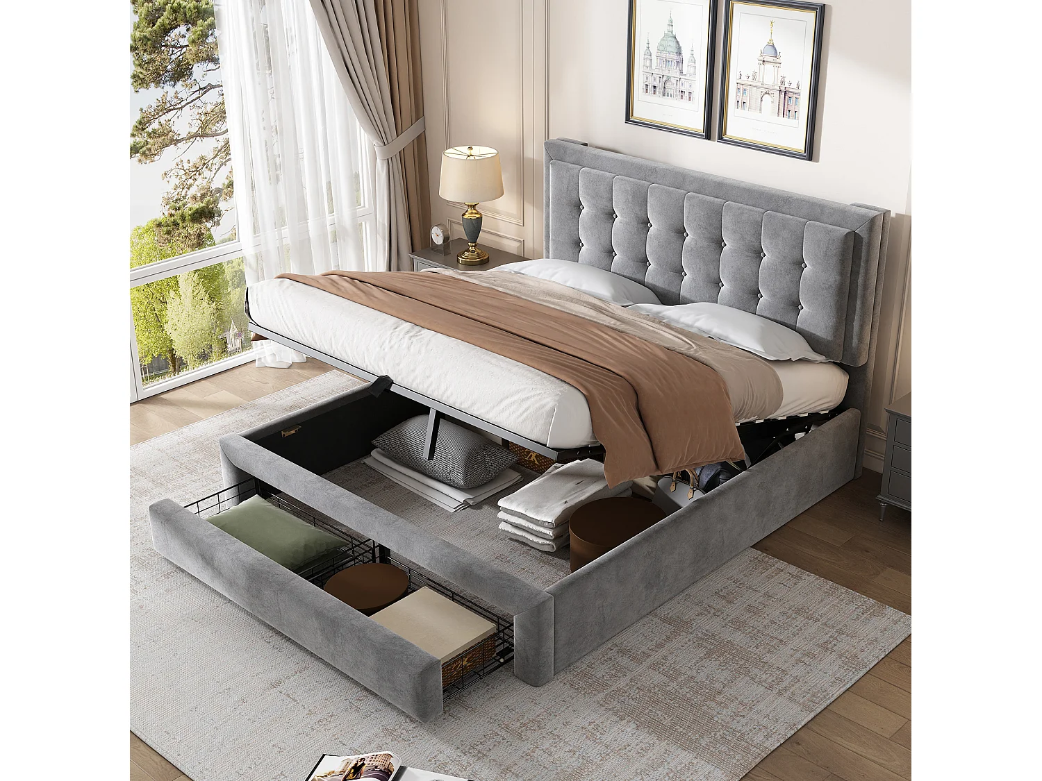 Lit coffre hydraulique rembourré velours gris 140x190 cm avec sommier à lattes tête de lit 2 tiroirs - Sweiko