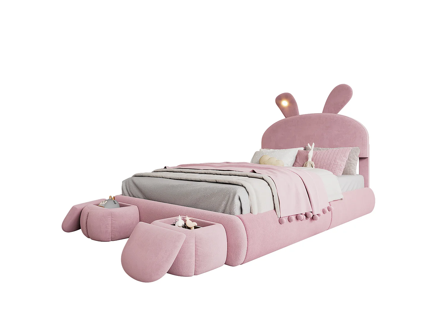 Lit coffre velours rose 140x200cm avec tête oreilles lumineuses led rangement sous lit et poufs - Sweiko