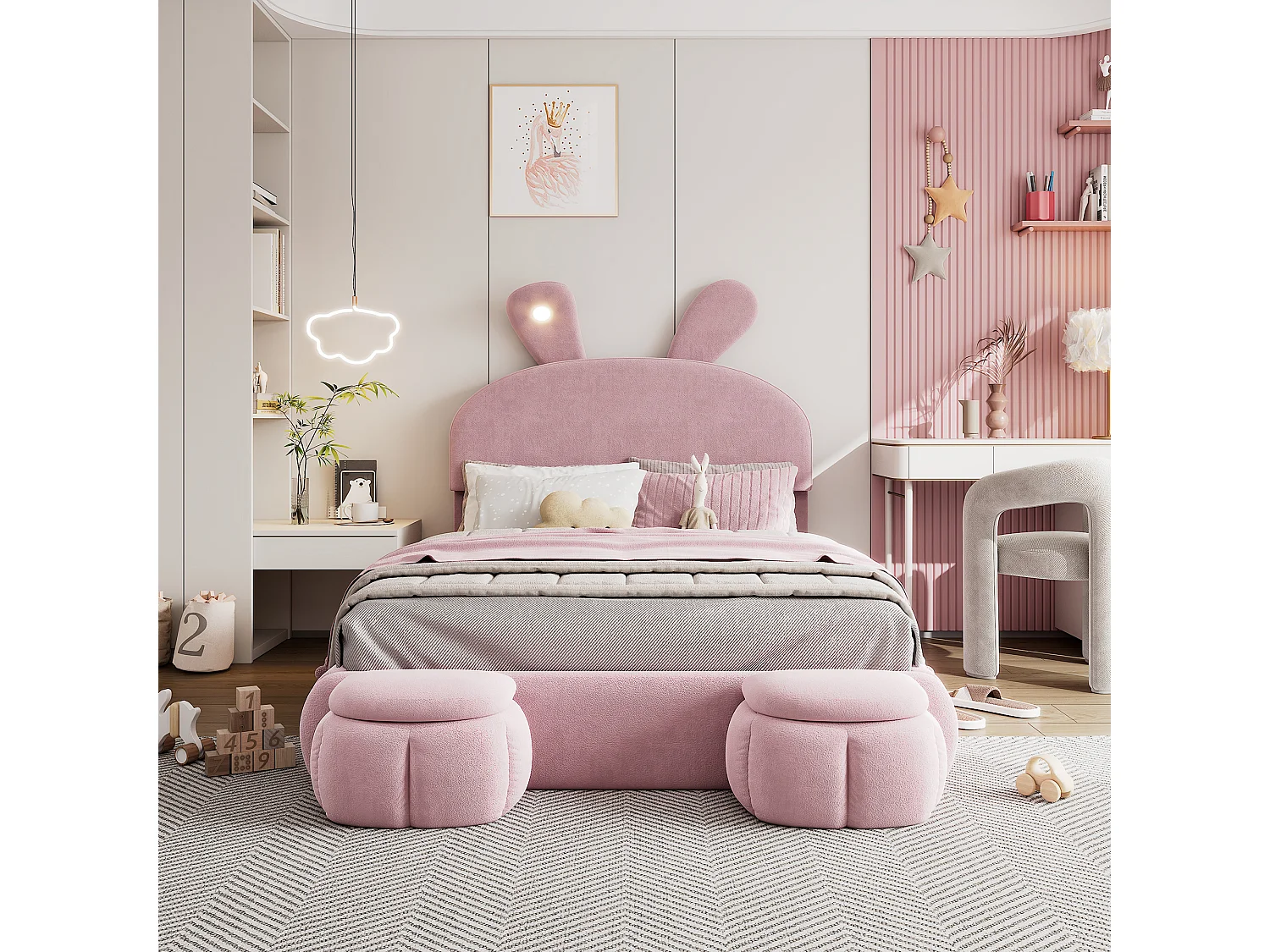 Lit coffre velours rose 140x200cm avec tête oreilles lumineuses led rangement sous lit et poufs - Sweiko