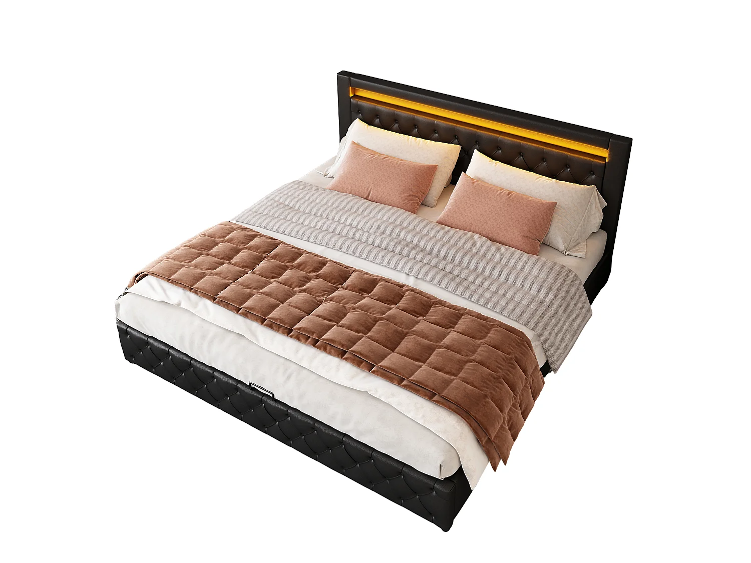 Lit coffre 180x200 cm fonctionnel avec sommier rangement led multicolore noir pu - Sweiko