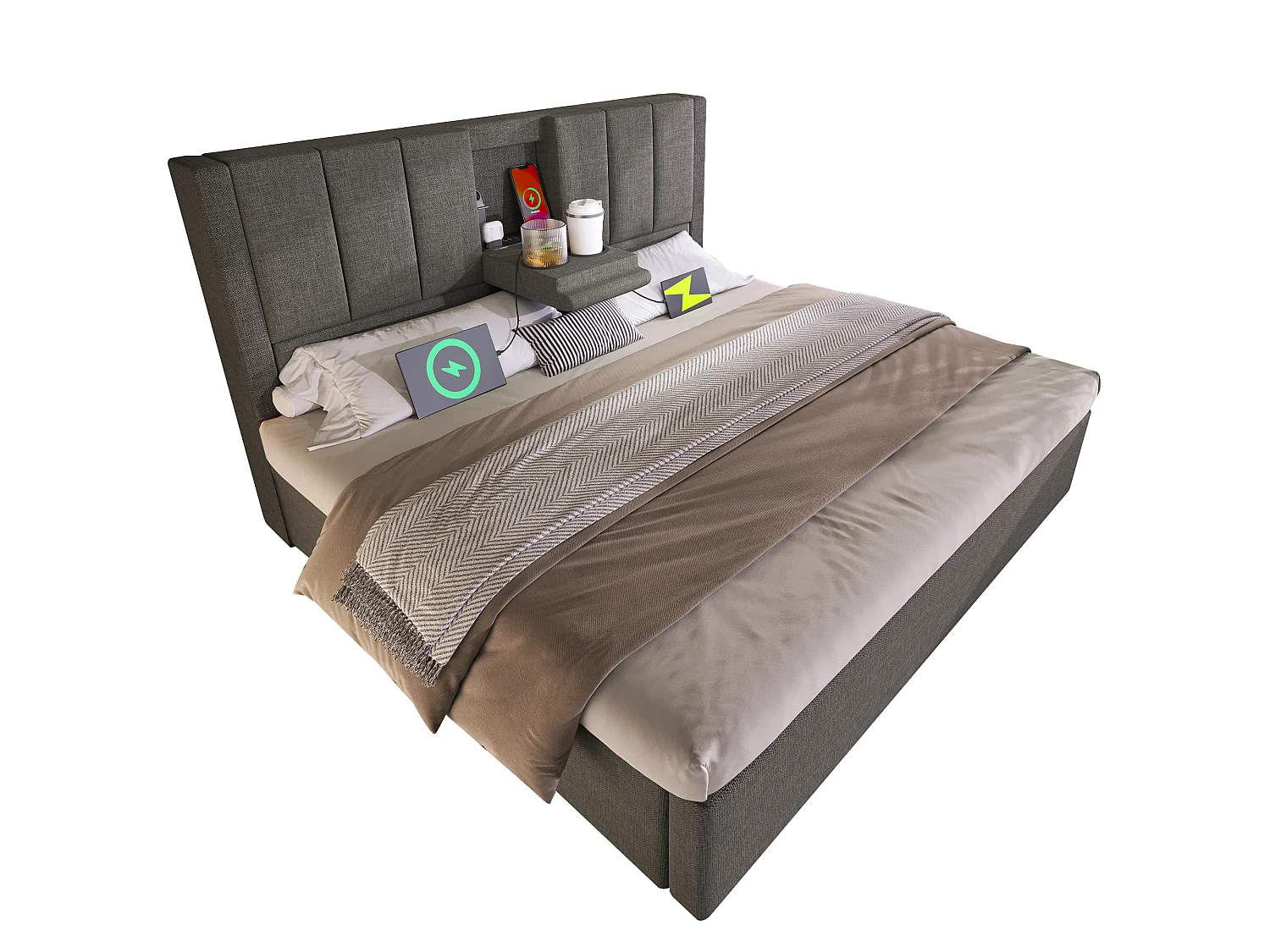 Lit coffre 140x190 double rembourré avec porte-gobelet et station recharge dissimulés rangement hydraulique sommier lattes lin gris sans matelas - Sweiko