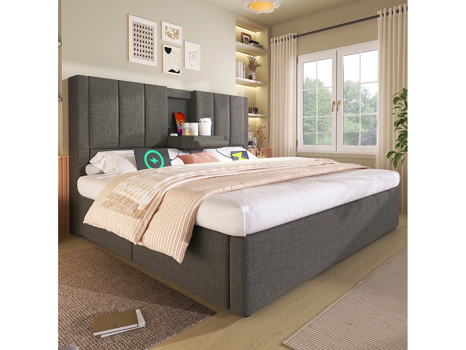 Lit coffre 140x190 double rembourré avec porte-gobelet et station recharge dissimulés rangement hydraulique sommier lattes lin gris sans matelas - Sweiko