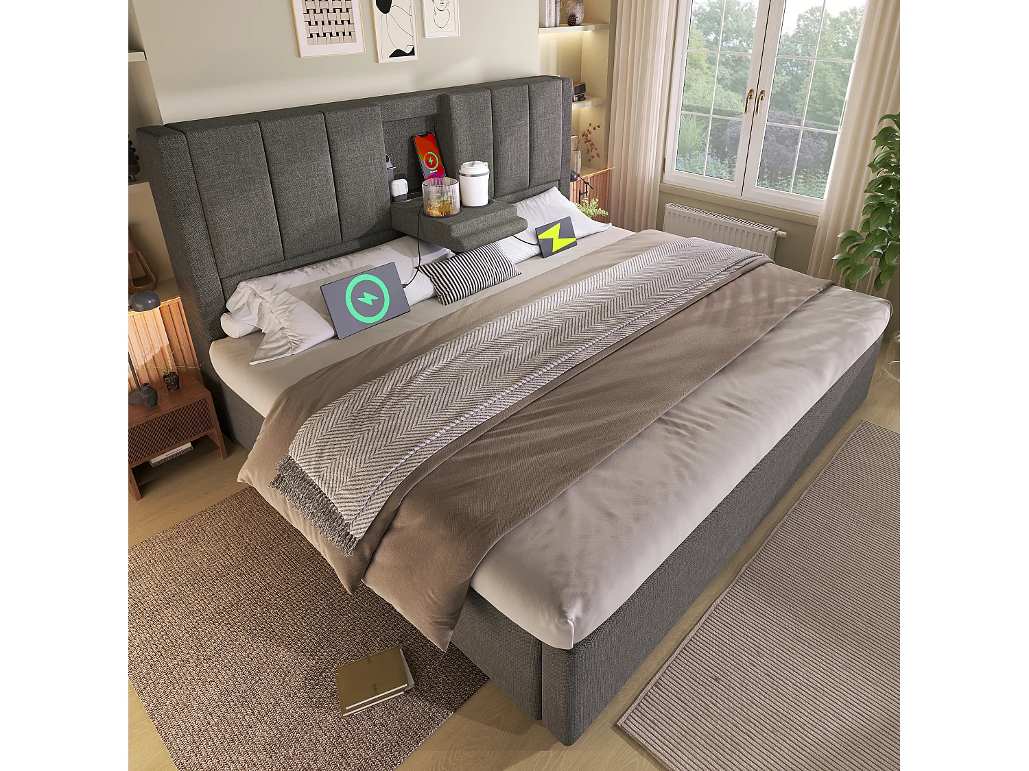 Lit coffre 140x190 double rembourré avec porte-gobelet et station recharge dissimulés rangement hydraulique sommier lattes lin gris sans matelas - Sweiko