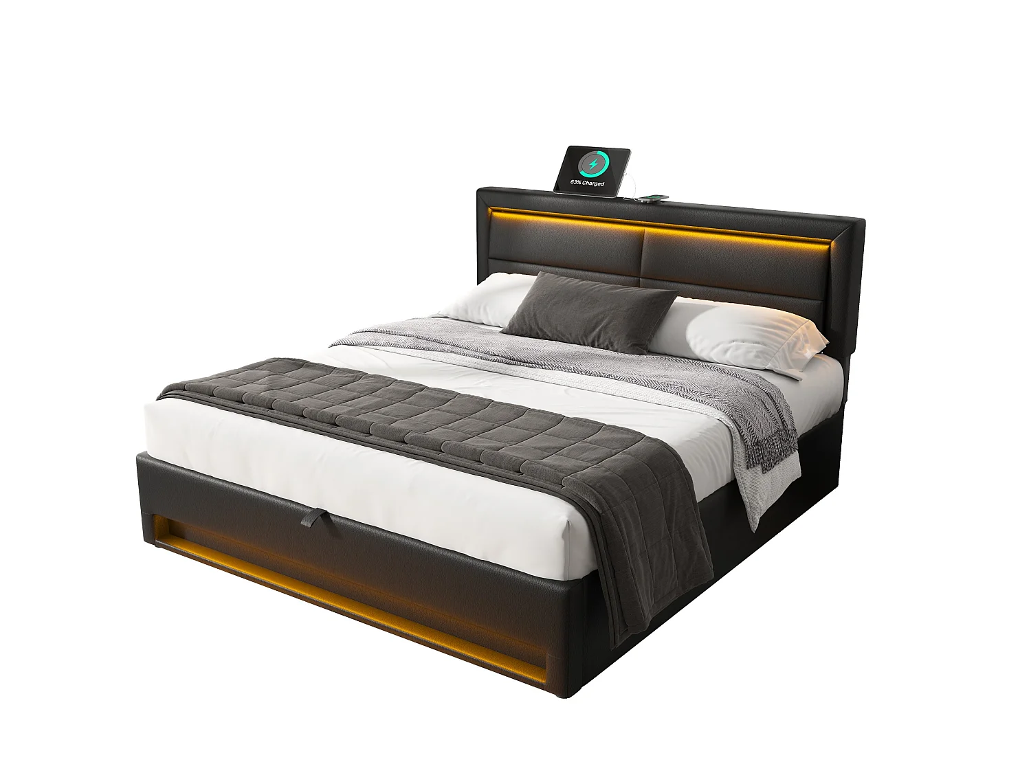 Lit coffre 140 x 190 cm avec usb charge sans fil led rangement sans matelas similicuir grainé noir - Sweiko
