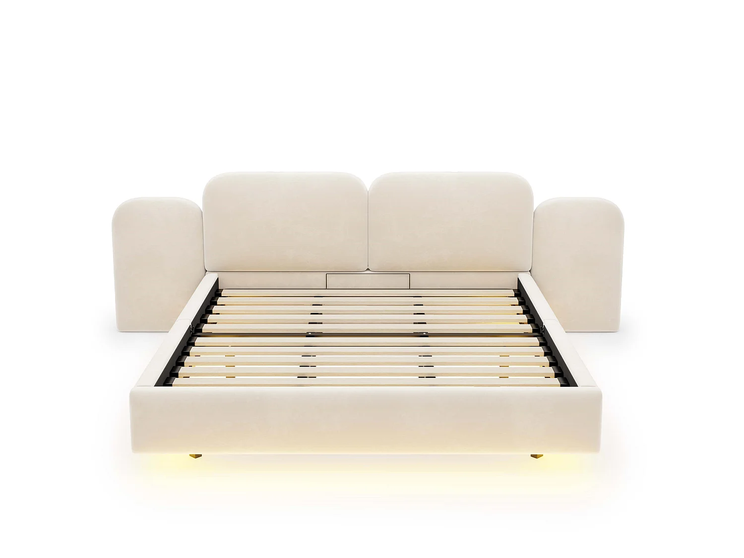 Lit coffre capitonné 180x200 cm en tissu velours beige, avec rangement hydraulique, bandeau led, port de charge et tête de lit volumineuse - Sweiko