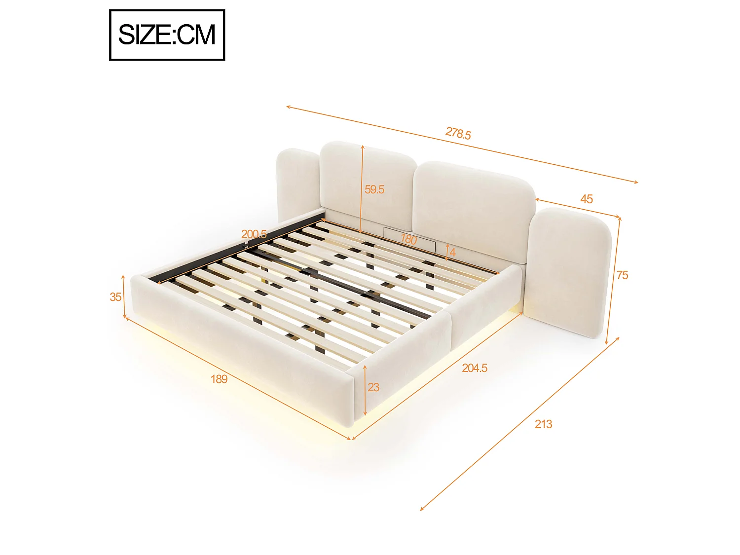 Lit coffre capitonné 180x200 cm en tissu velours beige, avec rangement hydraulique, bandeau led, port de charge et tête de lit volumineuse - Sweiko
