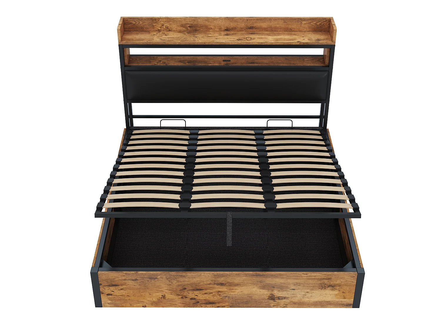 Lit coffre 180x200cm hydraulique usb tete de cuir vintage bois metal rangement noir - Sweiko