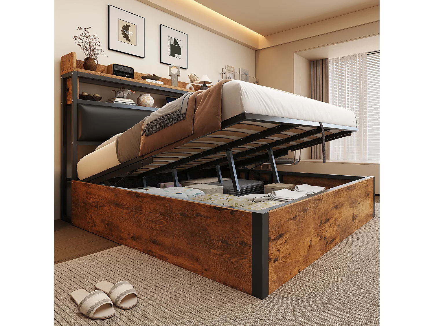 Lit coffre 180x200cm hydraulique usb tete de cuir vintage bois metal rangement noir - Sweiko