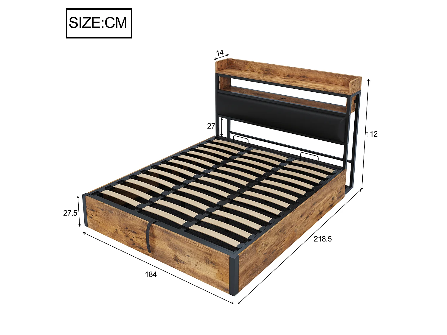 Lit coffre 180x200cm hydraulique usb tete de cuir vintage bois metal rangement noir - Sweiko