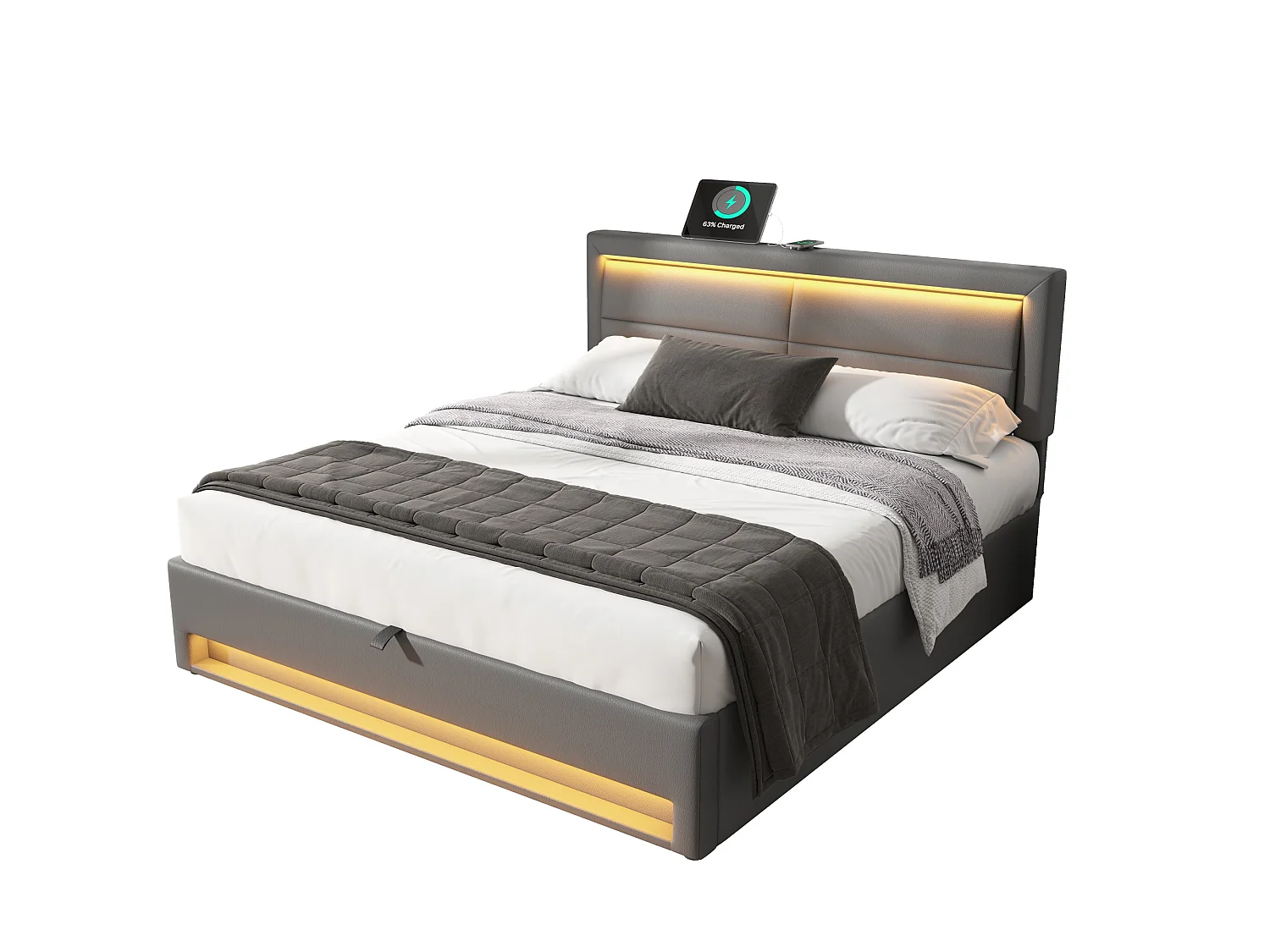 Lit coffre 140 x 190 cm avec usb charge sans fil led rangement sans matelas similicuir grainé gris - Sweiko