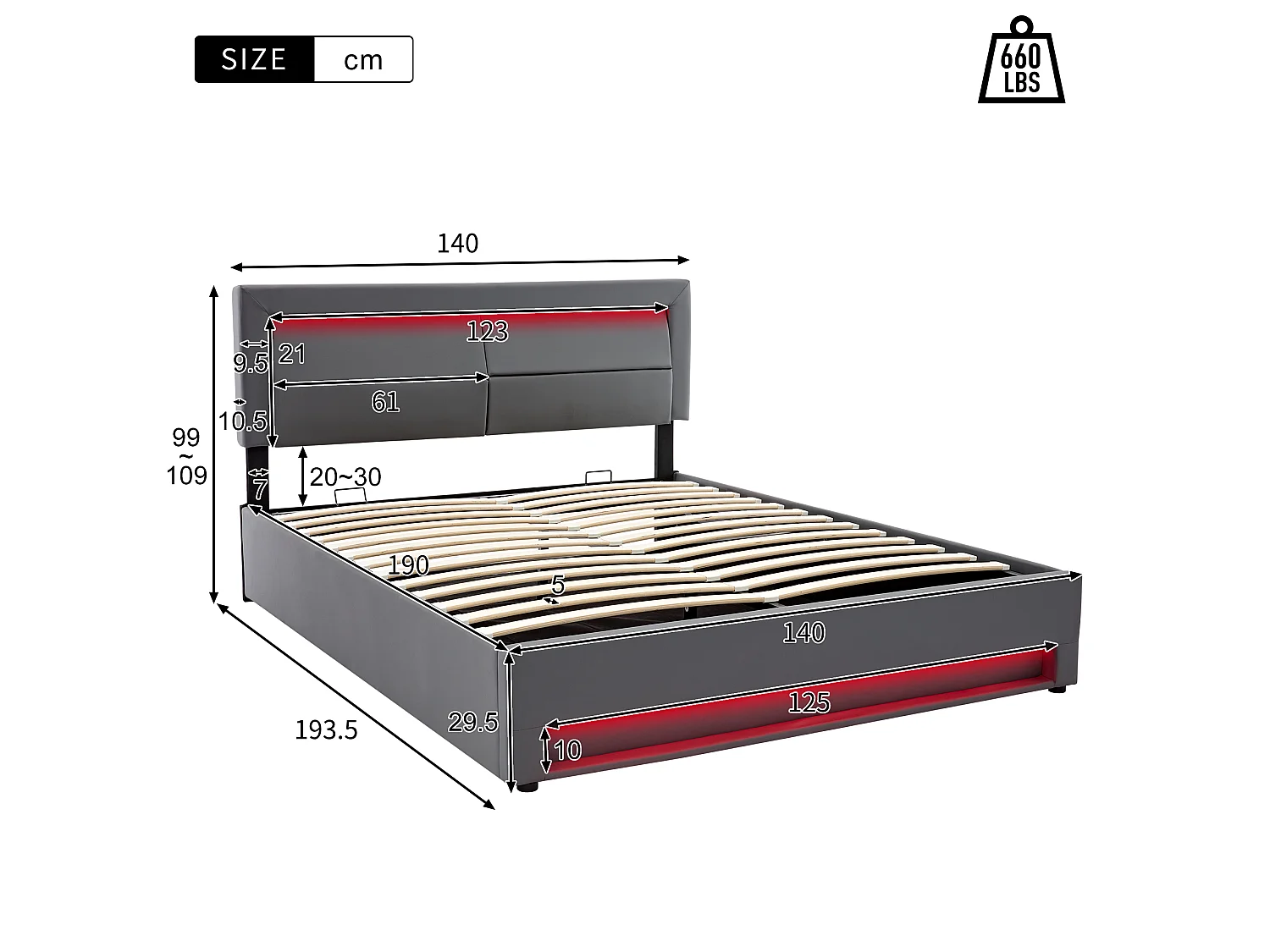 Lit coffre 140 x 190 cm avec usb charge sans fil led rangement sans matelas similicuir grainé gris - Sweiko