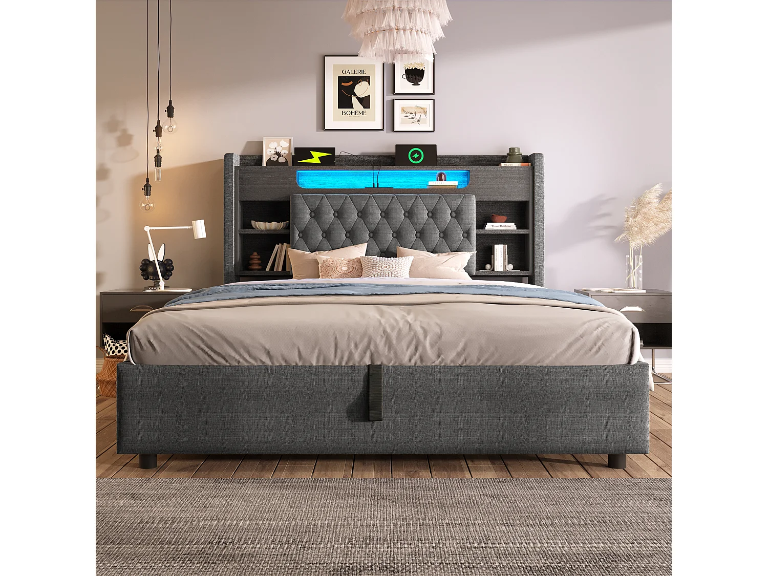 Lit coffre 140x190 cm gris en lin avec sommier hydraulique éclairage led ports usb type-c tête de lit avec rangement sans matelas - Sweiko