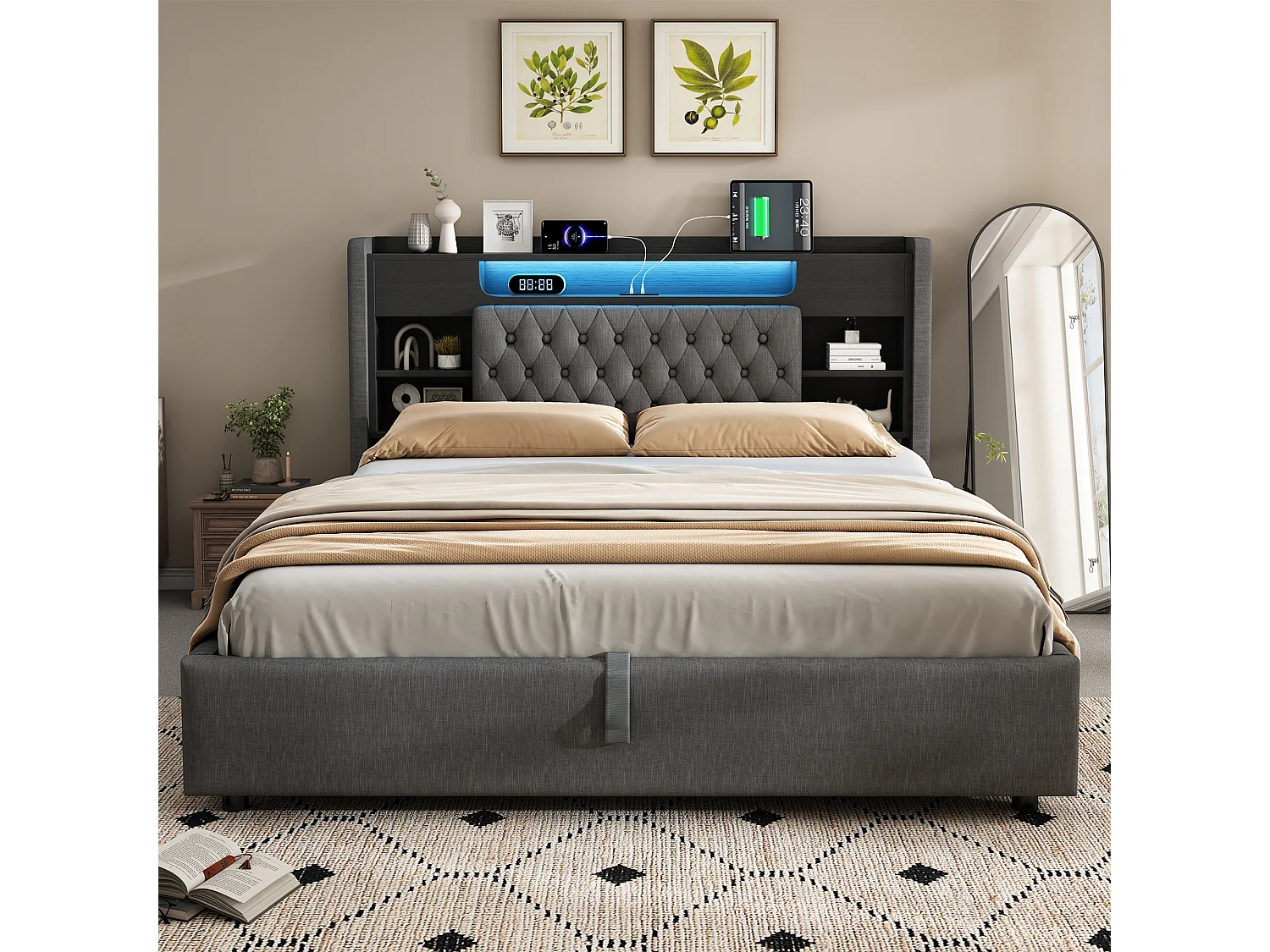Lit coffre 140x190 cm gris en lin avec sommier hydraulique éclairage led ports usb type-c tête de lit avec rangement sans matelas - Sweiko
