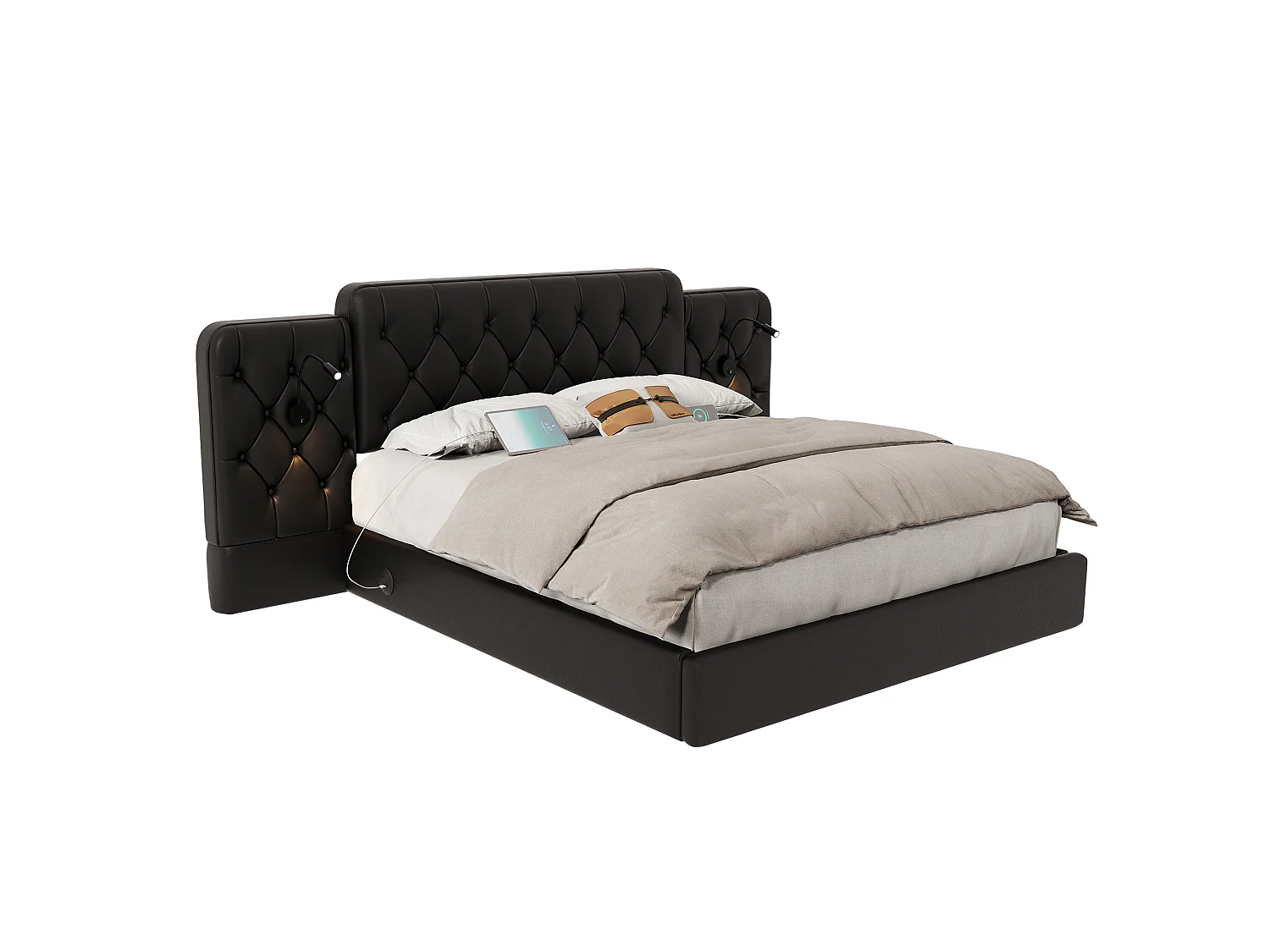 Lit coffre 160x200 cm velours avec tête de lit longue usb lampe hydraulique noir - Sweiko