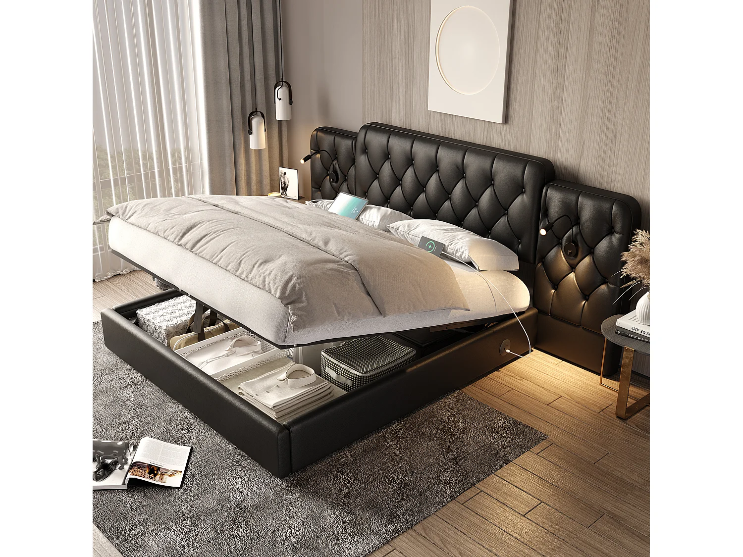 Lit coffre 160x200 cm velours avec tête de lit longue usb lampe hydraulique noir - Sweiko
