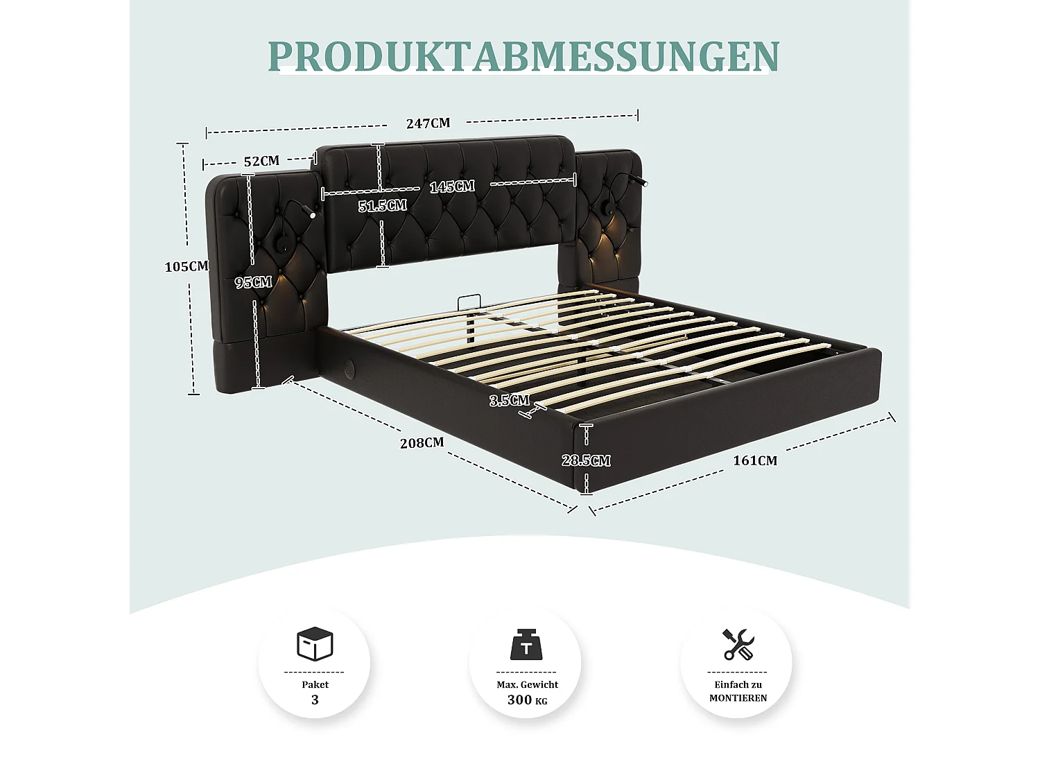 Lit coffre 160x200 cm velours avec tête de lit longue usb lampe hydraulique noir - Sweiko