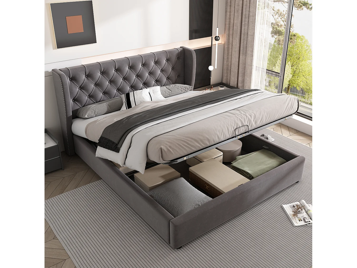 Lit coffre rembourré forme oreille velours 140x190 hydraulique sommier lattes rangement gris - Sweiko