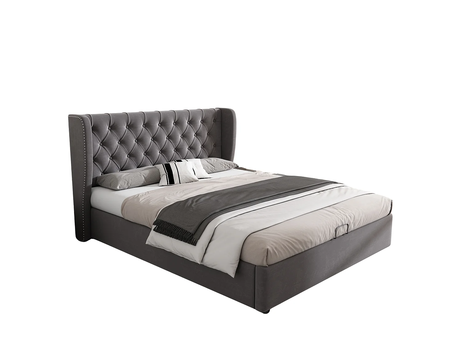 Lit coffre rembourré forme oreille velours 140x190 hydraulique sommier lattes rangement gris - Sweiko