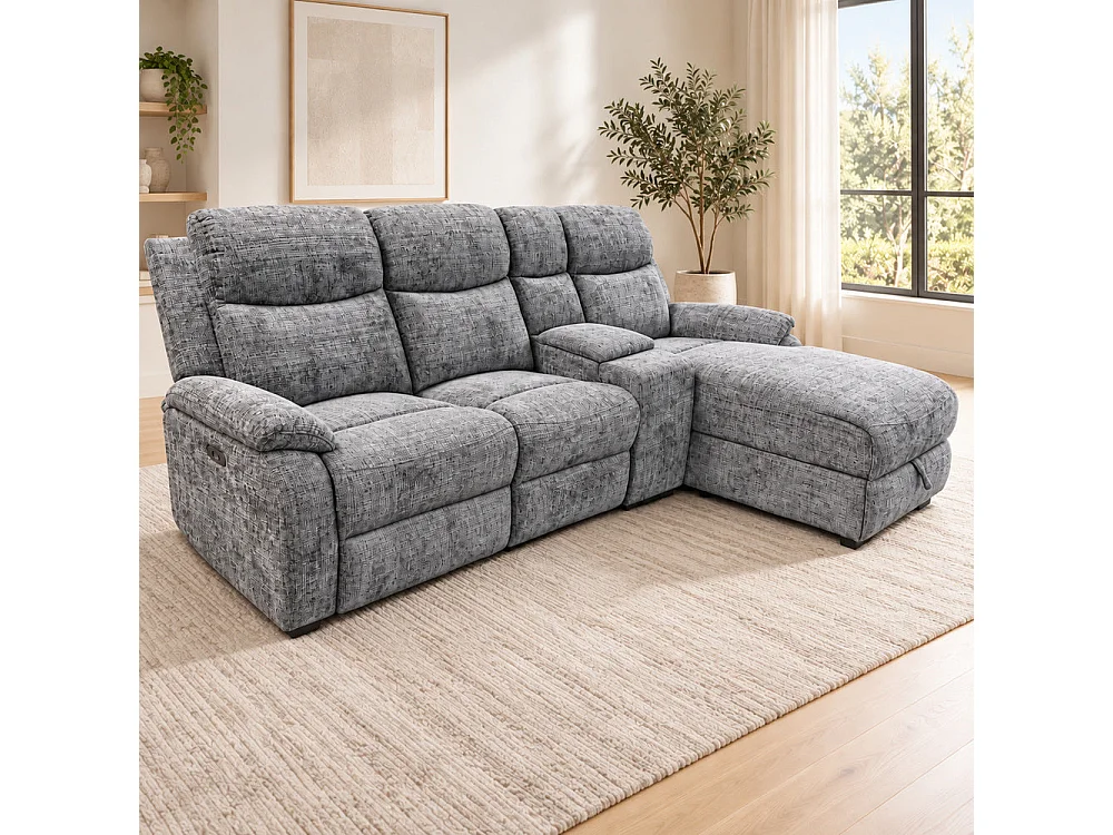 Canapé d'angle droit avec coffre et fonction relax en tissu Cremona anthracite – Cosmo