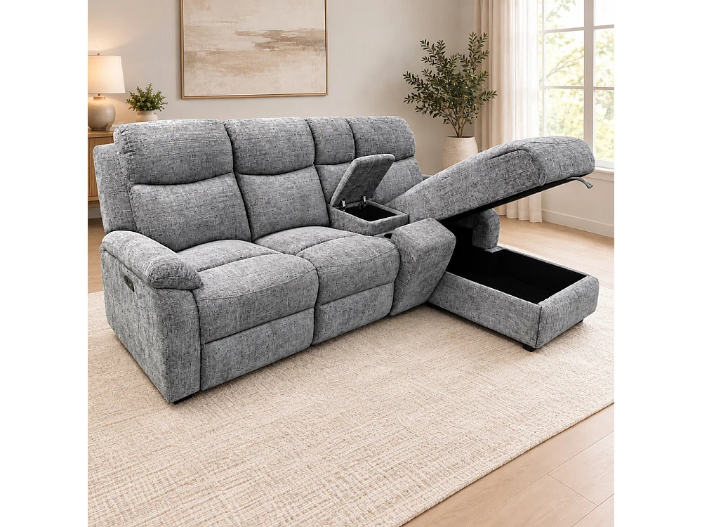Canapé d'angle droit avec coffre et fonction relax en tissu Cremona anthracite – Cosmo