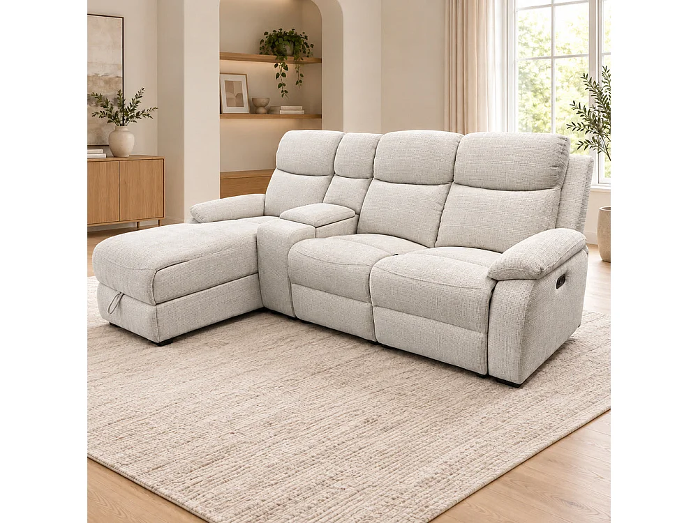 Canapé d'angle gauche avec coffre et fonction relax en tissu Cremona beige – Cosmo