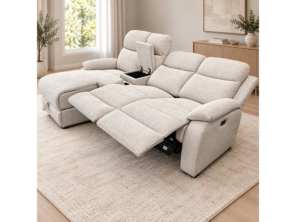 Canapé d'angle gauche avec coffre et fonction relax en tissu Cremona beige – Cosmo