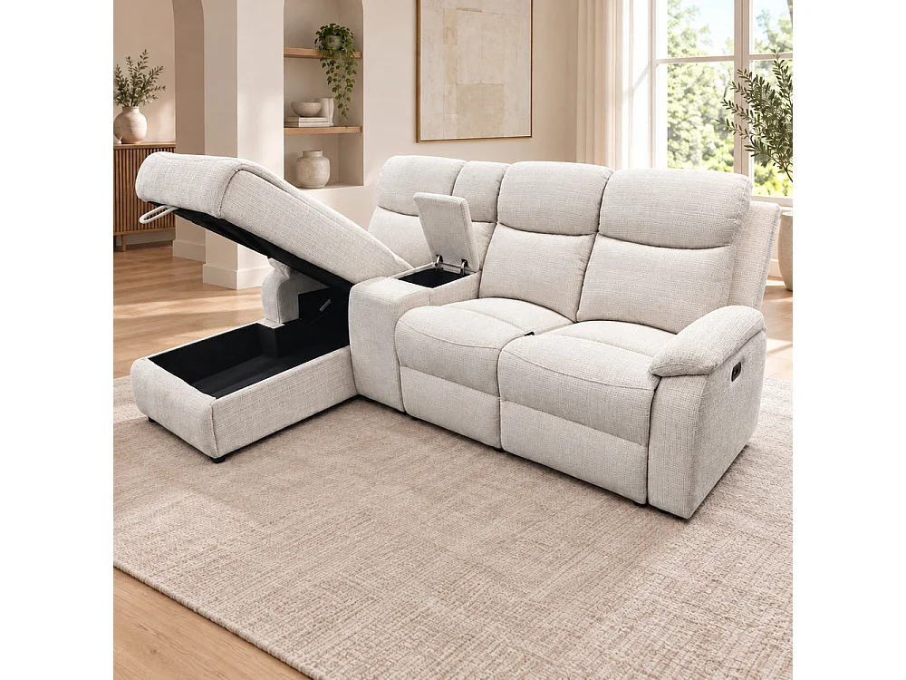 Canapé d'angle gauche avec coffre et fonction relax en tissu Cremona beige – Cosmo