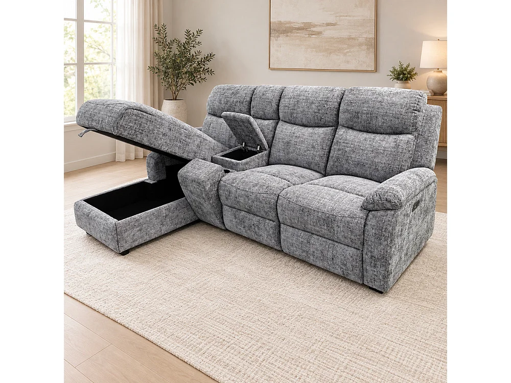 Canapé d'angle gauche avec coffre et fonction relax en tissu Cremona anthracite – Cosmo