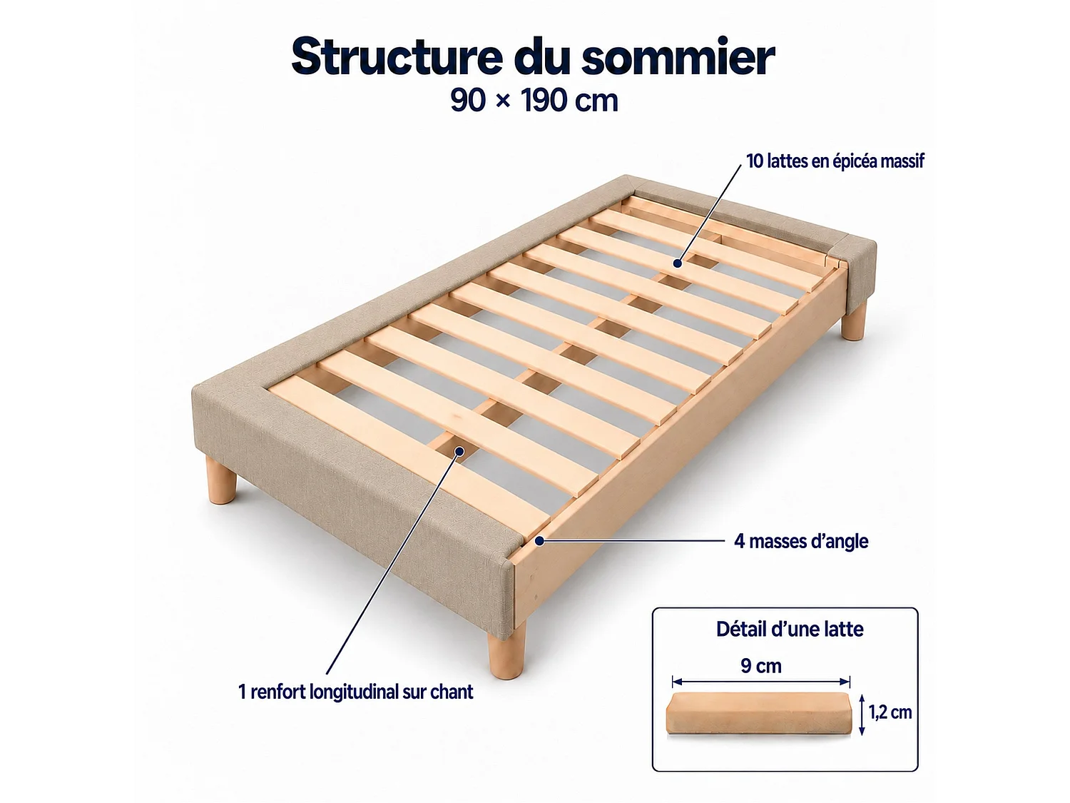 Sommier tapissier déco 90x190 cm Beige - Hauteur 30 cm - Pieds inclus