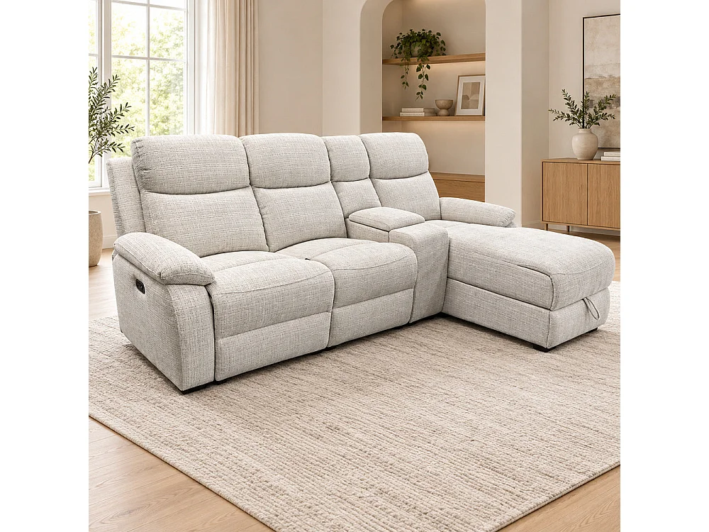 Canapé d'angle droit avec coffre et fonction relax en tissu Cremona beige – Cosmo
