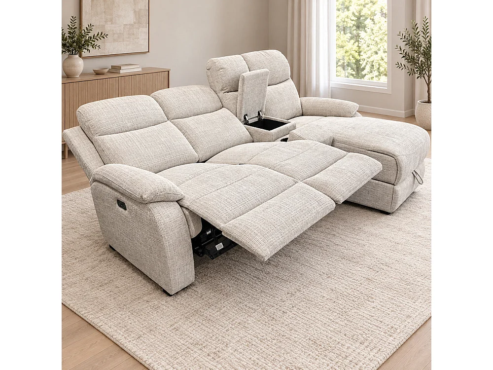 Canapé d'angle droit avec coffre et fonction relax en tissu Cremona beige – Cosmo