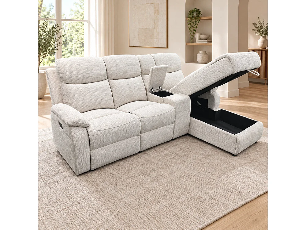 Canapé d'angle droit avec coffre et fonction relax en tissu Cremona beige – Cosmo