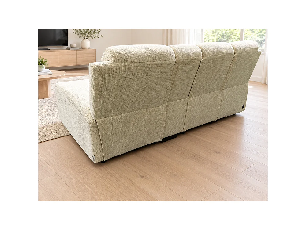 Canapé d'angle droit avec coffre et fonction relax en tissu Cremona beige – Cosmo