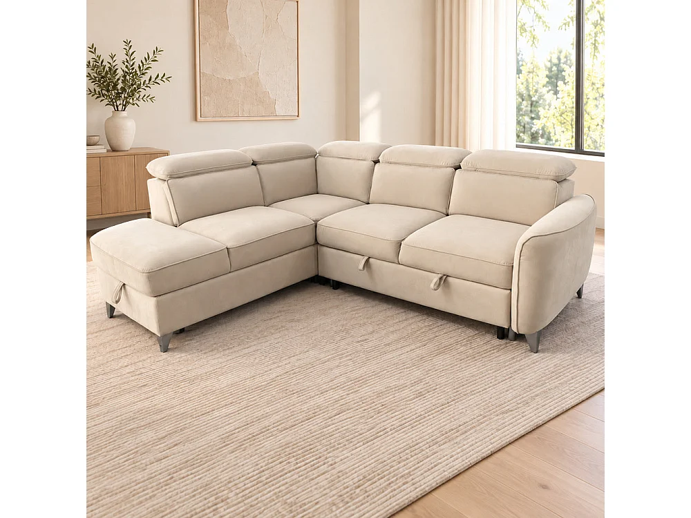 Canapé d'angle gauche convertible avec coffre en velours beige – Bari