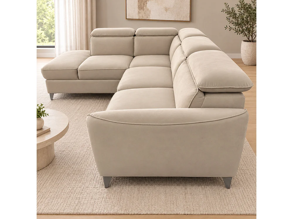 Canapé d'angle gauche convertible avec coffre en velours beige – Bari