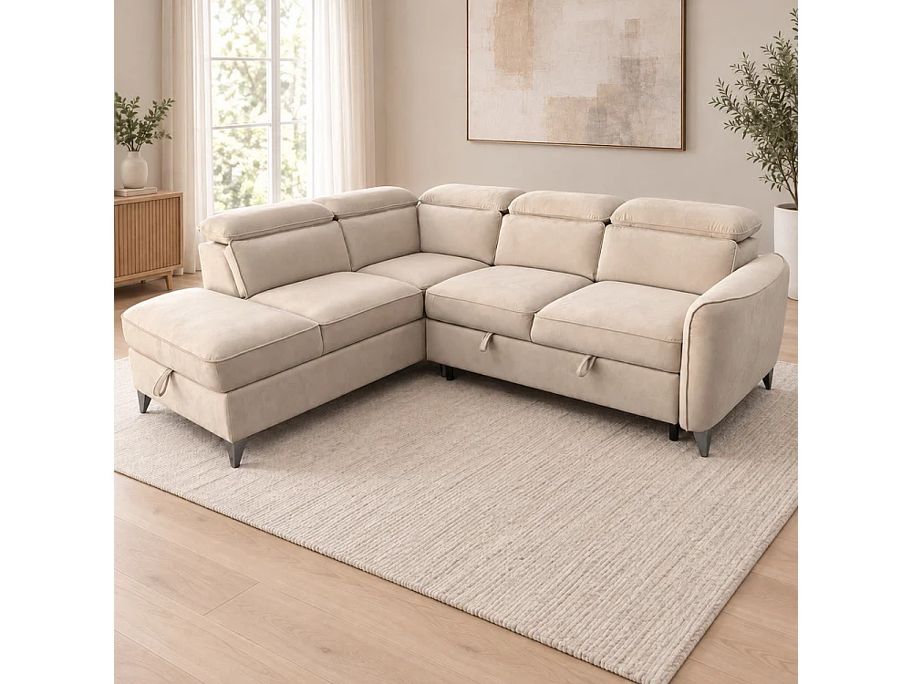 Canapé d'angle gauche convertible avec coffre en velours beige – Bari