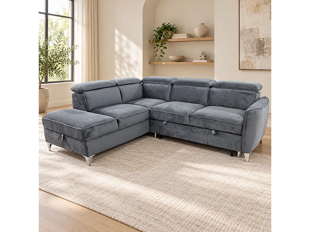 Canapé d'angle gauche convertible avec coffre en velours anthracite – Bari