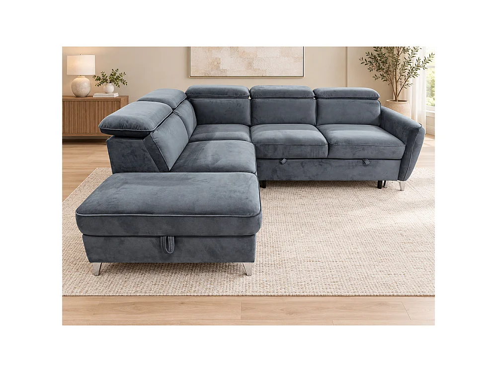 Canapé d'angle gauche convertible avec coffre en velours anthracite – Bari