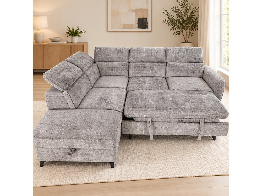 Canapé d'angle gauche convertible avec coffre en tissu Cremona anthracite – Bari
