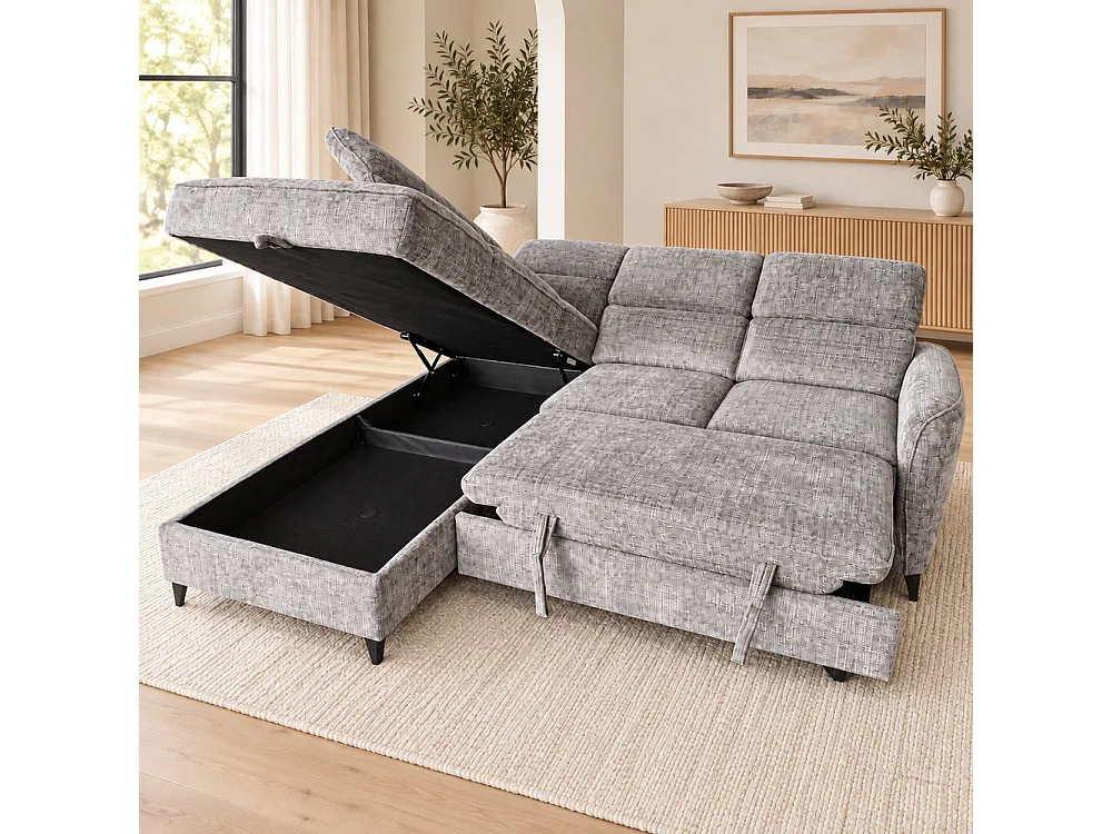 Canapé d'angle gauche convertible avec coffre en tissu Cremona anthracite – Bari