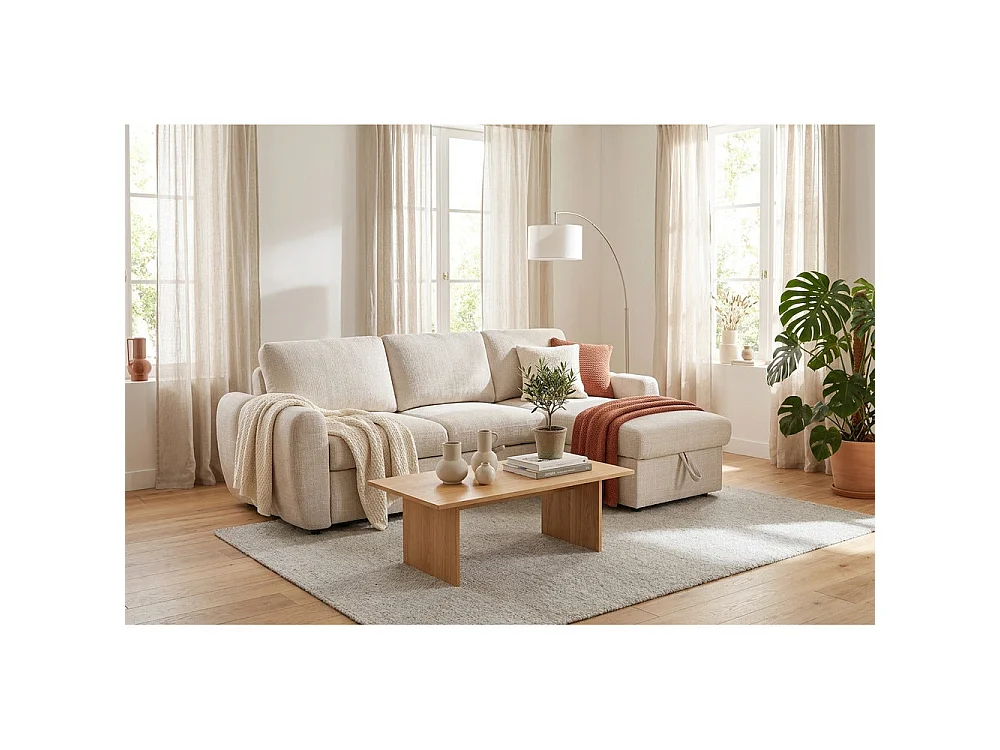 Canapé d'angle droit convertible en tissu Cremona beige 238 x 160 cm – Cuba