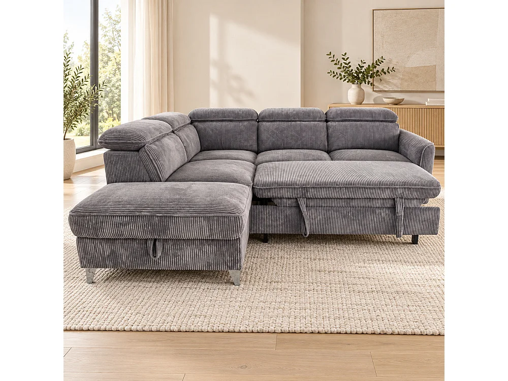 Canapé d'angle gauche convertible avec coffre en tissu côtelé gris – Bari